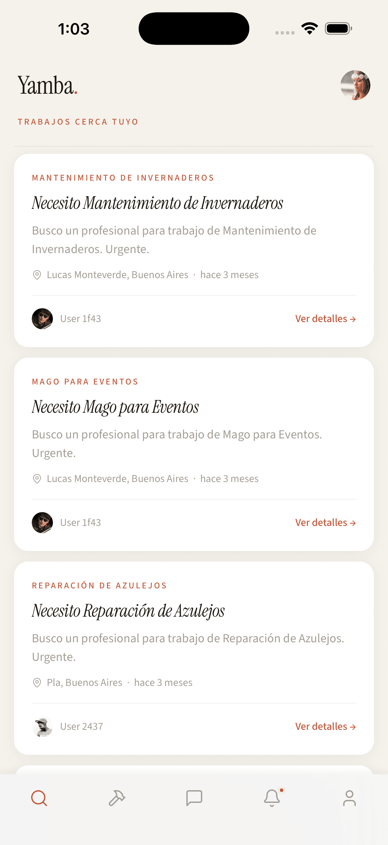 App Yamba — feed de trabajos cerca tuyo